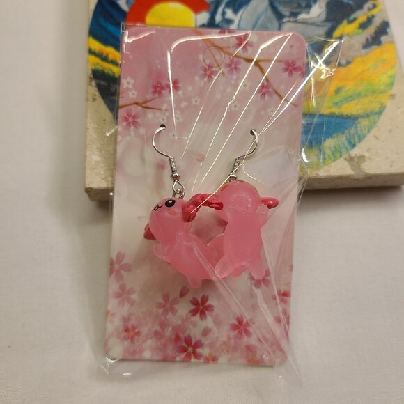 PINK AXOLOTL SALAMANDER EARRINGS - Picture 2 of 2